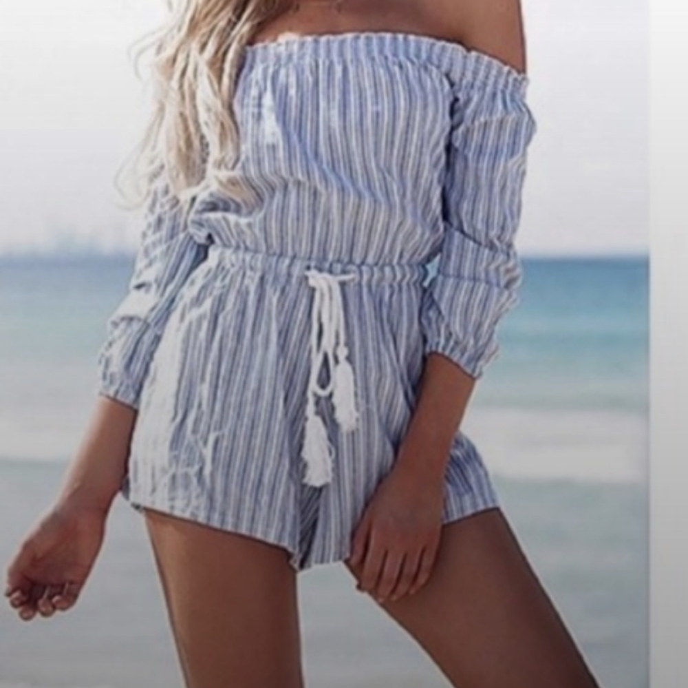 Blue pinstripe off shoulder romper